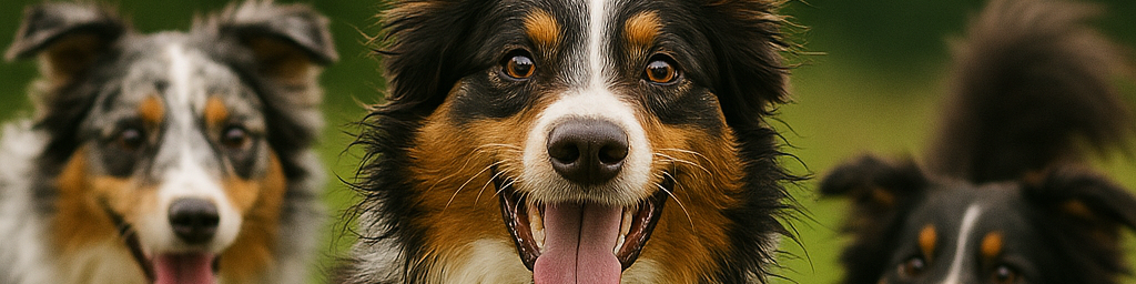 Three Australian Shepherd dogs running on grass with a blurred green background