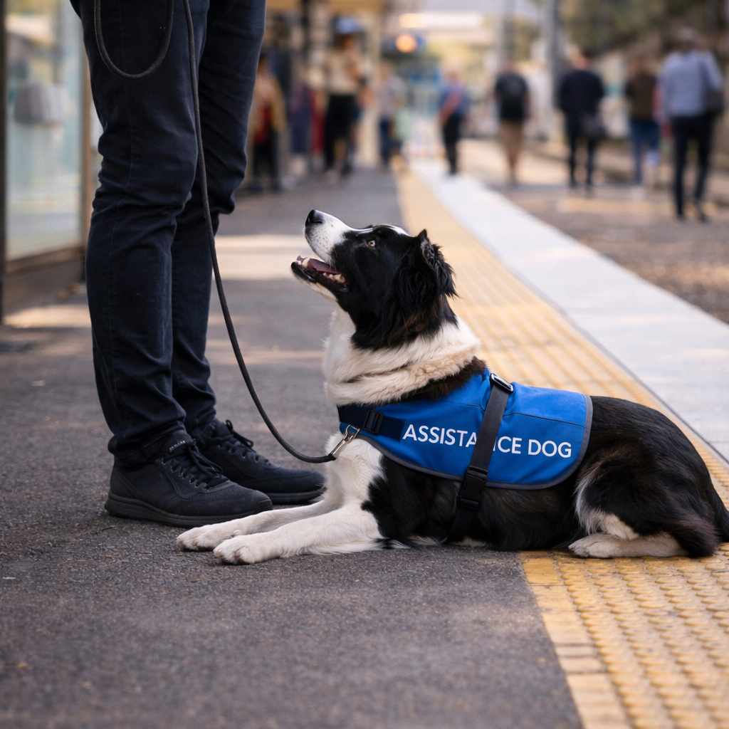 Assistance dog wearing a blue vest sitting on a platform with a person standing nearby.