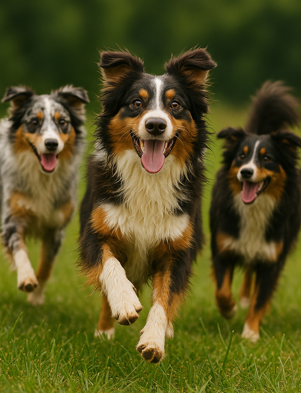 Three Australian Shepherd dogs running on grass with a blurred green background
