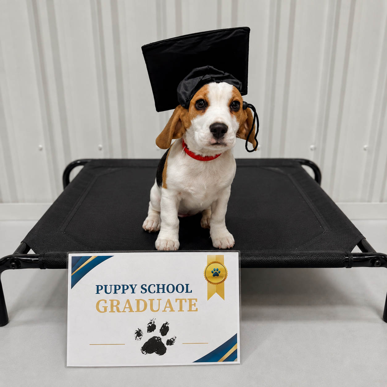 A beagle puppy in a graduation cap sitting beside a Puppy School Graduate certificate at the Walkys academy
